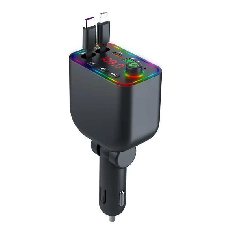 L4 Super Fast Charging Car Charger MP3 Player with Retractable Type C + iP Cable Bluetooth-Compatible FM Transmitter