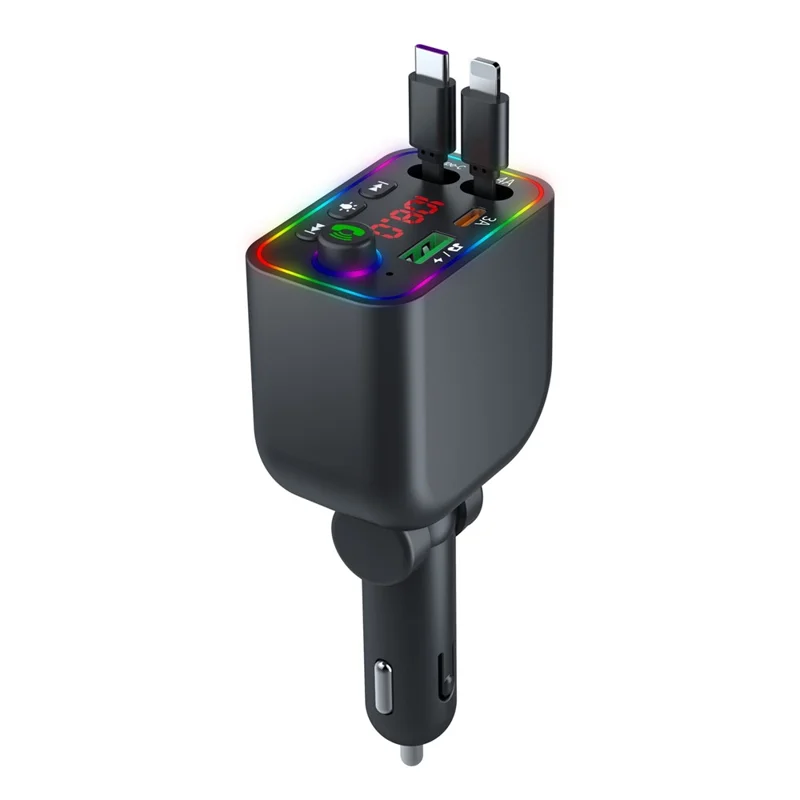 L4 Super Fast Charging Car Charger MP3 Player with Retractable Type C + iP Cable Bluetooth-Compatible FM Transmitter