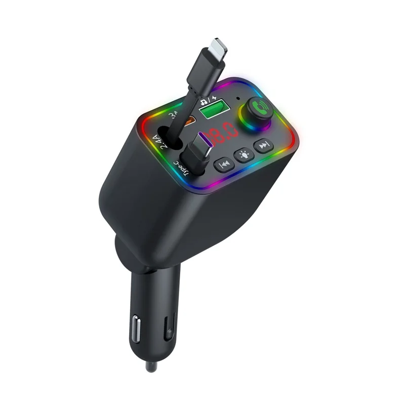 L4 Super Fast Charging Car Charger MP3 Player with Retractable Type C + iP Cable Bluetooth-Compatible FM Transmitter
