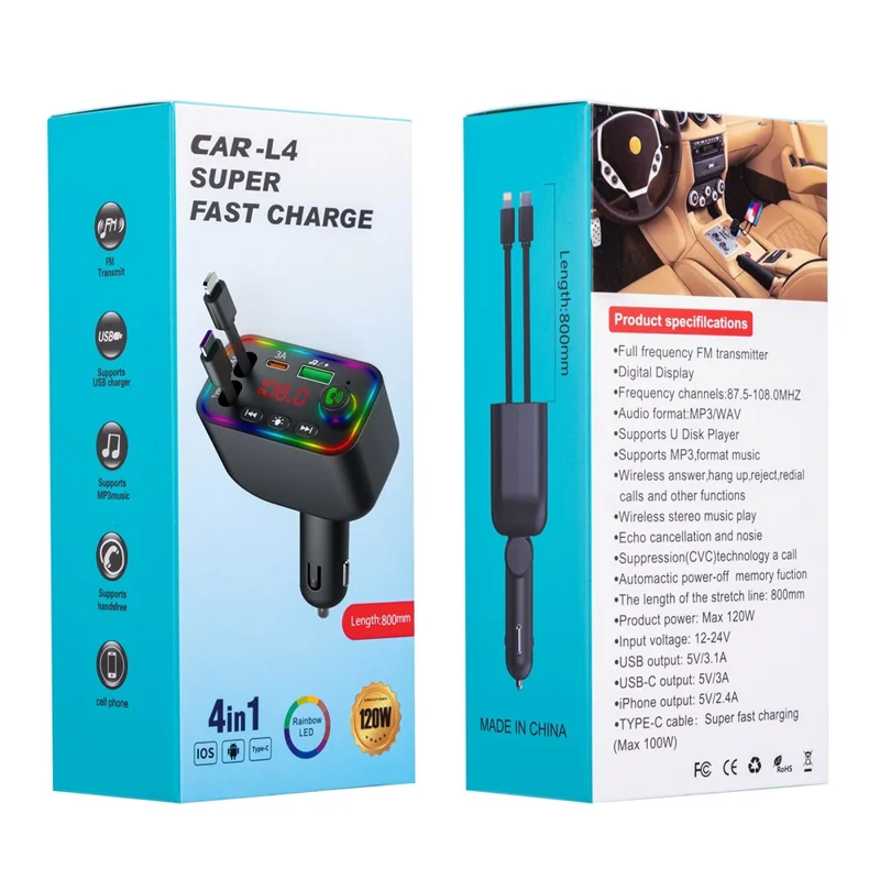 L4 Super Fast Charging Car Charger MP3 Player with Retractable Type C + iP Cable Bluetooth-Compatible FM Transmitter