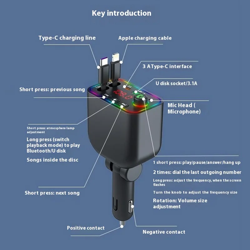L4 Super Fast Charging Car Charger MP3 Player with Retractable Type C + iP Cable Bluetooth-Compatible FM Transmitter