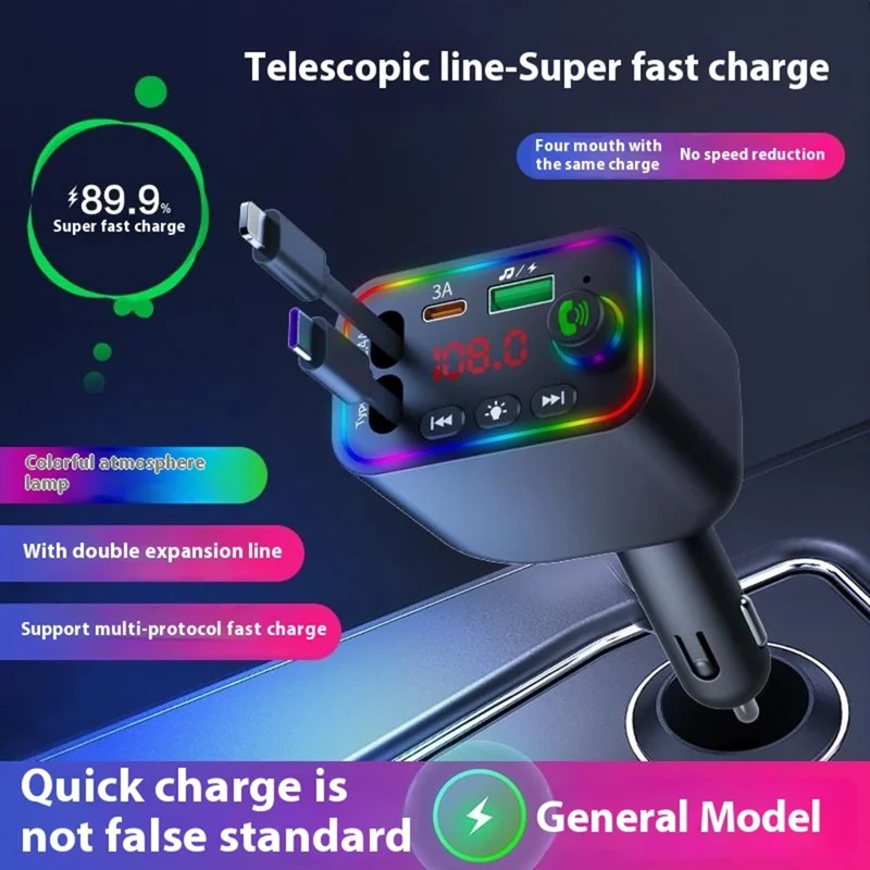 L4 Super Fast Charging Car Charger MP3 Player with Retractable Type C + iP Cable Bluetooth-Compatible FM Transmitter