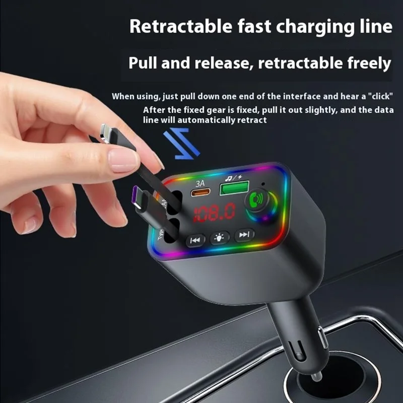 L4 Super Fast Charging Car Charger MP3 Player with Retractable Type C + iP Cable Bluetooth-Compatible FM Transmitter