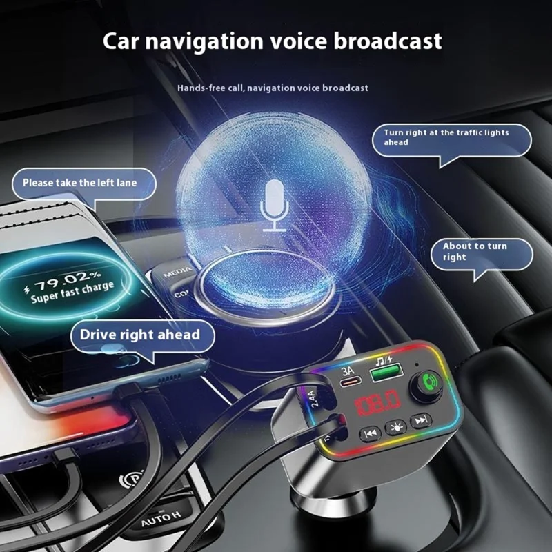 L4 Super Fast Charging Car Charger MP3 Player with Retractable Type C + iP Cable Bluetooth-Compatible FM Transmitter
