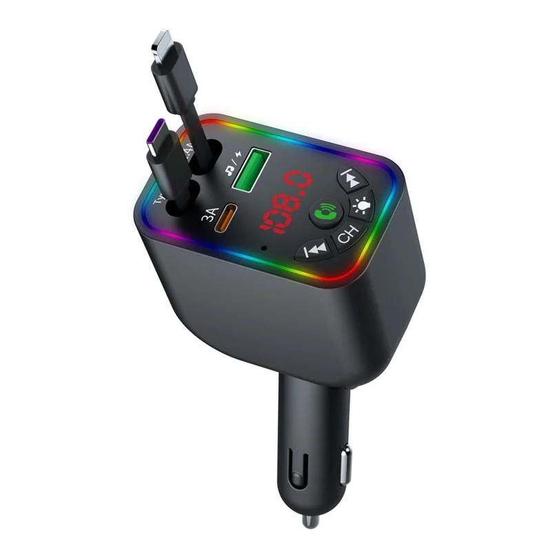 L5 Car Bluetooth-Compatible MP3 Player Hands Free Calling FM Transmitter Fast Charger with Retractable Type C + iP Cable