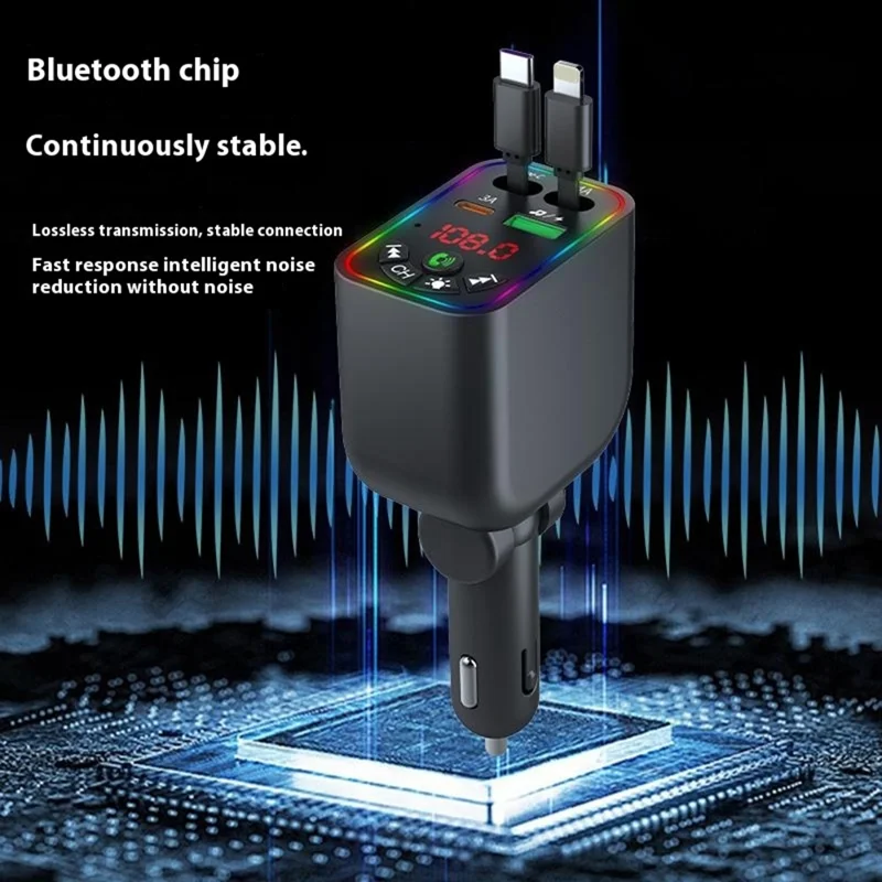 L5 Car Bluetooth-Compatible MP3 Player Hands Free Calling FM Transmitter Fast Charger with Retractable Type C + iP Cable