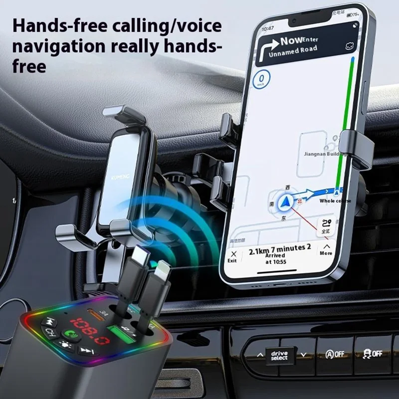 L5 Car Bluetooth-Compatible MP3 Player Hands Free Calling FM Transmitter Fast Charger with Retractable Type C + iP Cable