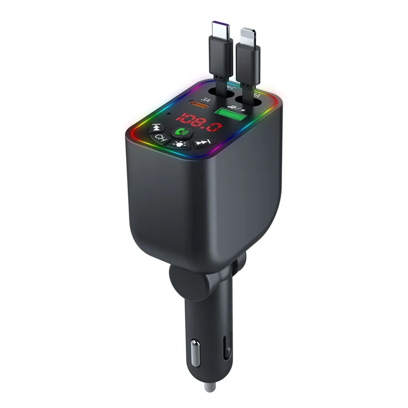 L5 Car Bluetooth-Compatible MP3 Player Hands Free Calling FM Transmitter Fast Charger with Retractable Type C + iP Cable