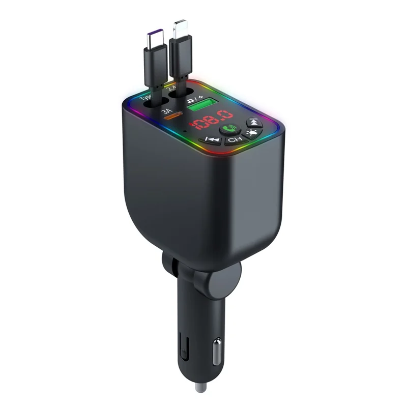 L5 Car Bluetooth-Compatible MP3 Player Hands Free Calling FM Transmitter Fast Charger with Retractable Type C + iP Cable