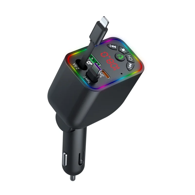 L5 Car Bluetooth-Compatible MP3 Player Hands Free Calling FM Transmitter Fast Charger with Retractable Type C + iP Cable