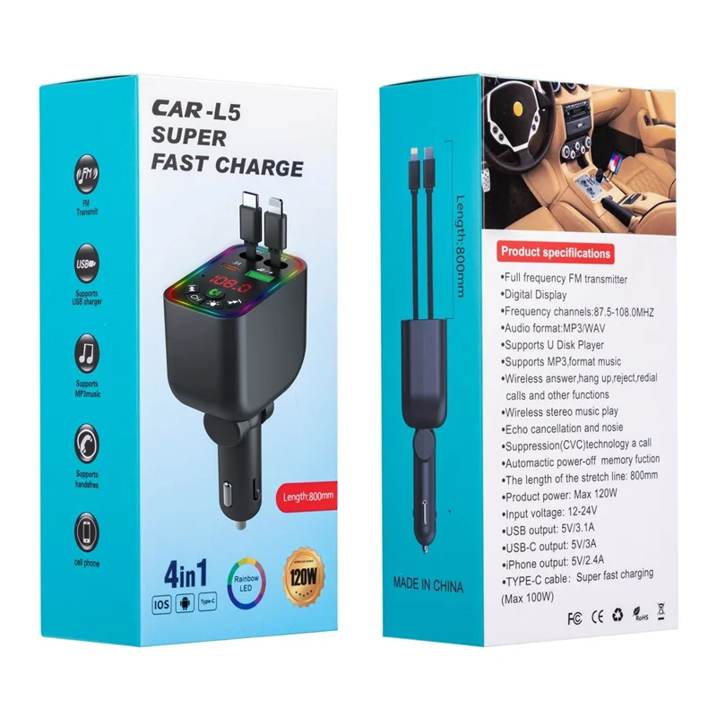 L5 Car Bluetooth-Compatible MP3 Player Hands Free Calling FM Transmitter Fast Charger with Retractable Type C + iP Cable