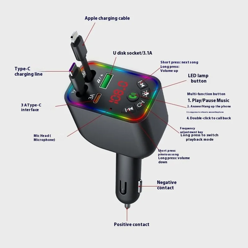 L5 Car Bluetooth-Compatible MP3 Player Hands Free Calling FM Transmitter Fast Charger with Retractable Type C + iP Cable