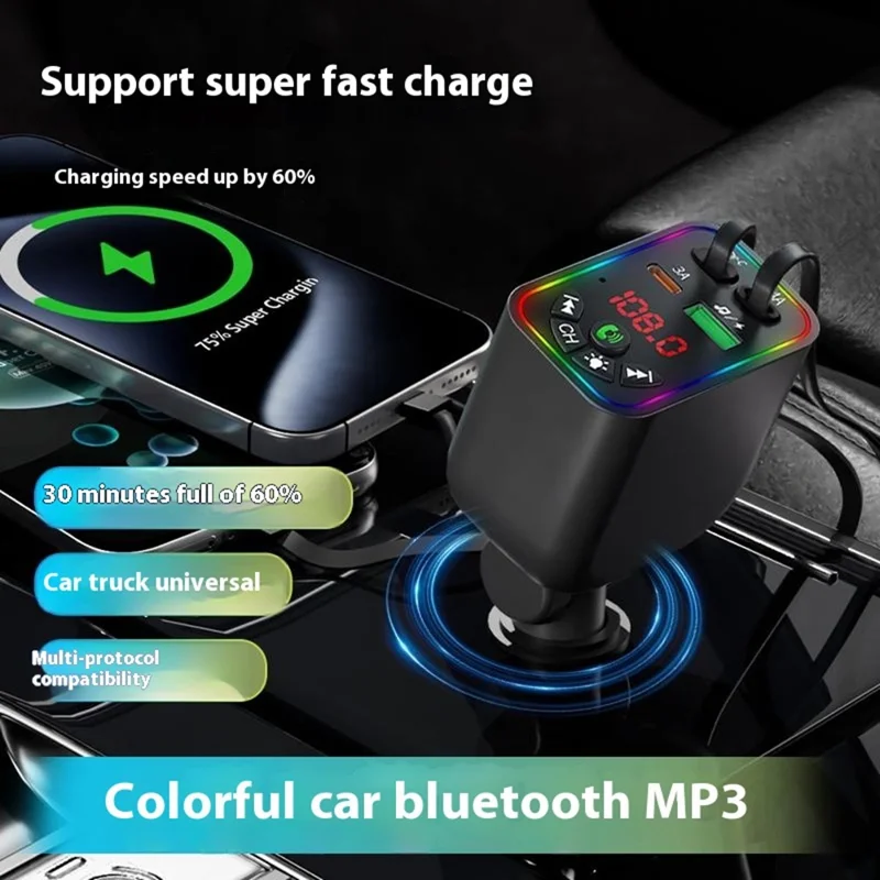 L5 Car Bluetooth-Compatible MP3 Player Hands Free Calling FM Transmitter Fast Charger with Retractable Type C + iP Cable