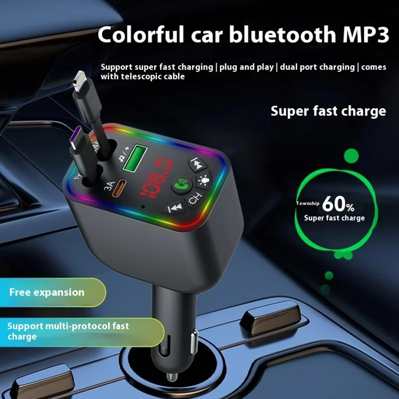 L5 Car Bluetooth-Compatible MP3 Player Hands Free Calling FM Transmitter Fast Charger with Retractable Type C + iP Cable
