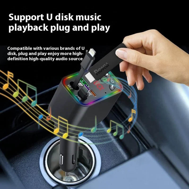L5 Car Bluetooth-Compatible MP3 Player Hands Free Calling FM Transmitter Fast Charger with Retractable Type C + iP Cable