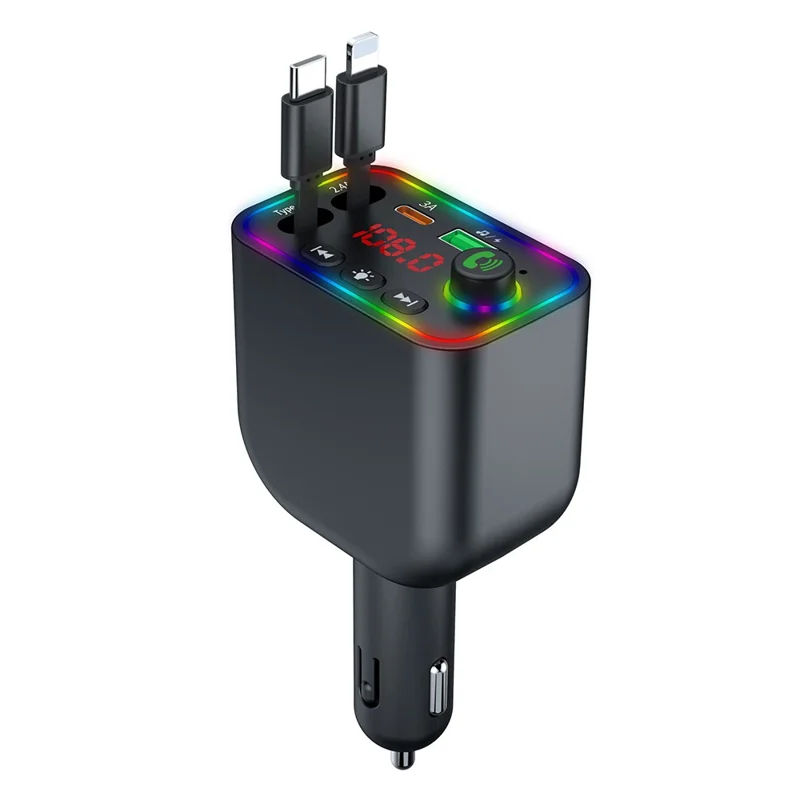 Y4 Car Charger Super Fast Charging Bluetooth-Compatible MP3 Player with Retractable Type C + iP Cable