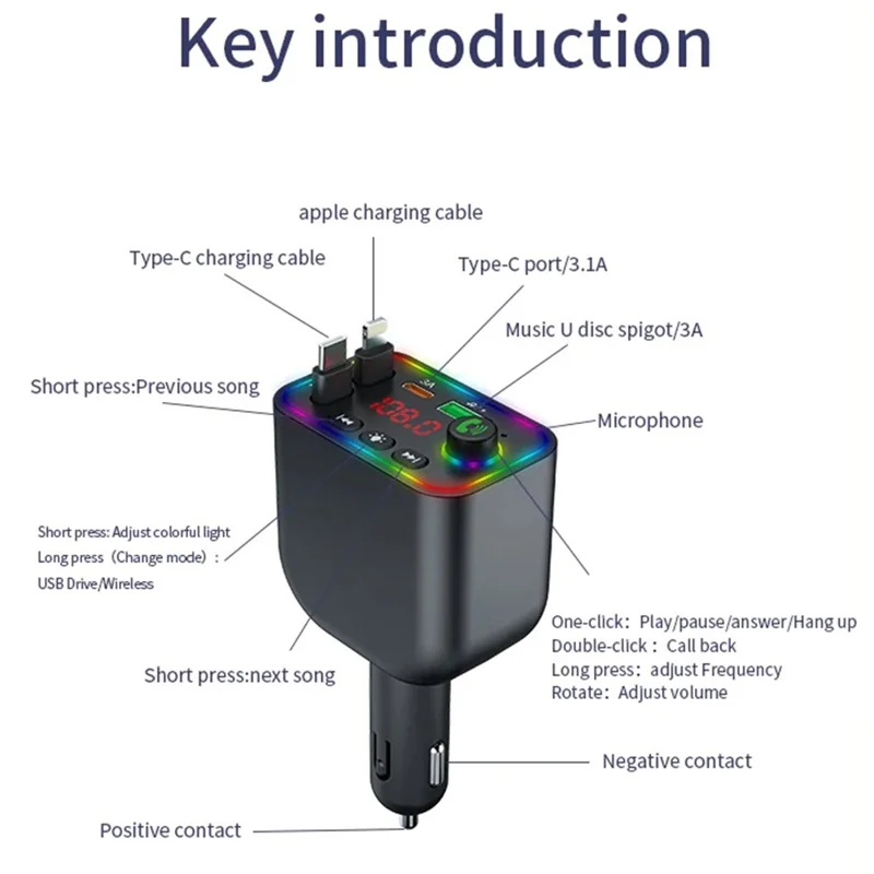 Y4 Car Charger Super Fast Charging Bluetooth-Compatible MP3 Player with Retractable Type C + iP Cable