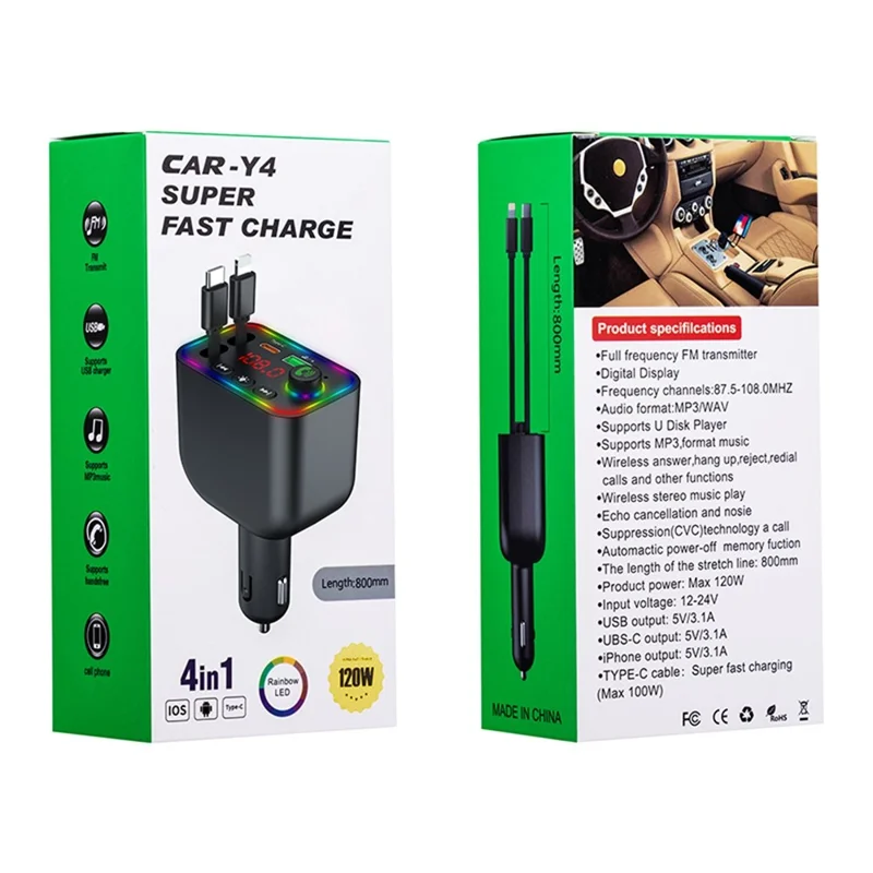 Y4 Car Charger Super Fast Charging Bluetooth-Compatible MP3 Player with Retractable Type C + iP Cable