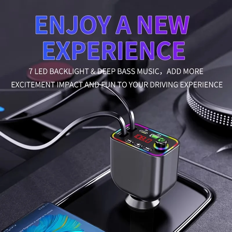 Y4 Car Charger Super Fast Charging Bluetooth-Compatible MP3 Player with Retractable Type C + iP Cable