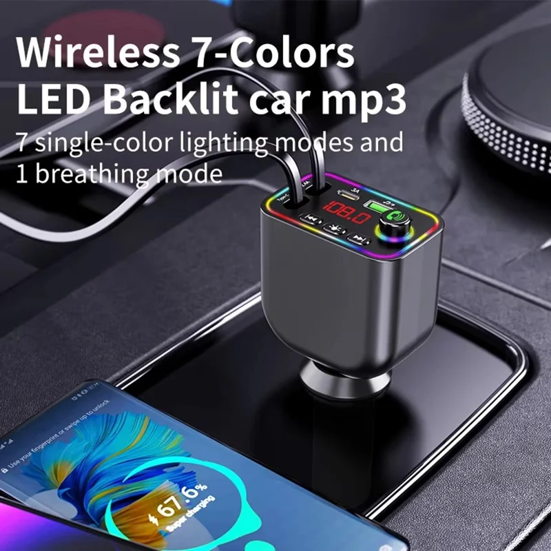 Y4 Car Charger Super Fast Charging Bluetooth-Compatible MP3 Player with Retractable Type C + iP Cable