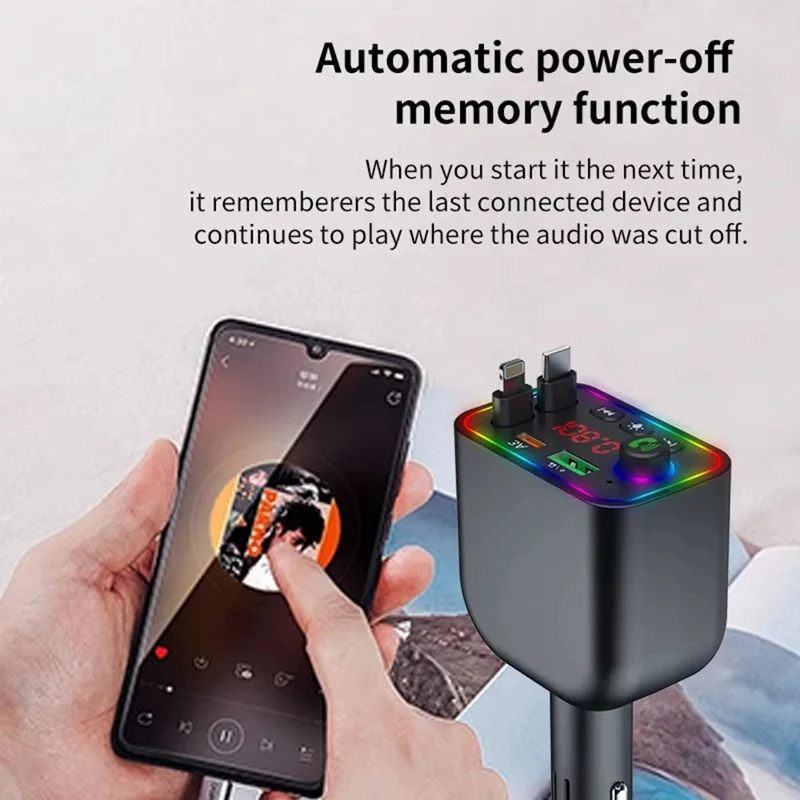 Y4 Car Charger Super Fast Charging Bluetooth-Compatible MP3 Player with Retractable Type C + iP Cable