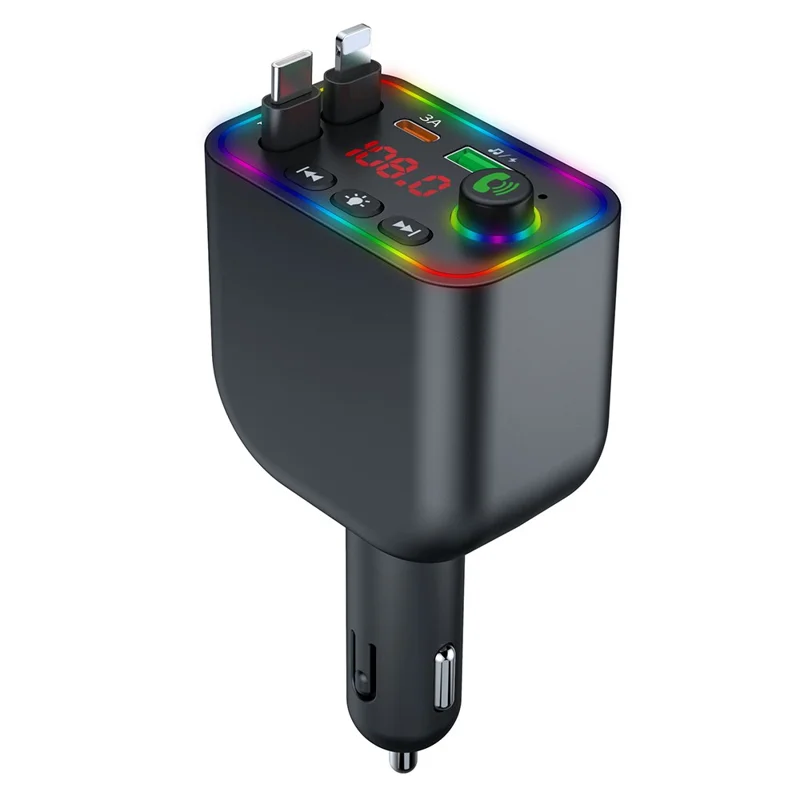 Y4 Car Charger Super Fast Charging Bluetooth-Compatible MP3 Player with Retractable Type C + iP Cable