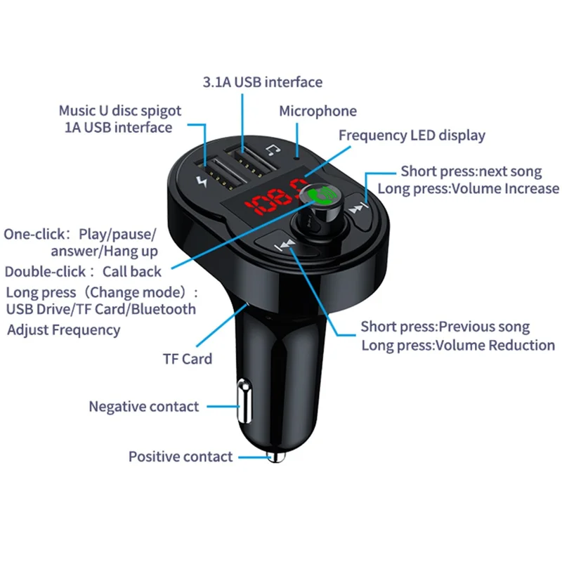 X1 3,1A USB Kfz-Ladegerät MP3-Player Bluetooth-kompatibel Freisprecheinrichtung FM-Transmitter