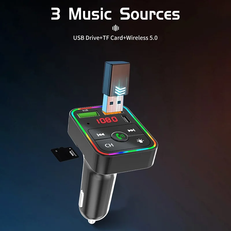 PDF2 USB A + Typ C Kfz-Schnellladegerät FM-Sender Bluetooth-kompatibles Freisprechtelefon MP3-Player mit Ambiente-Beleuchtung