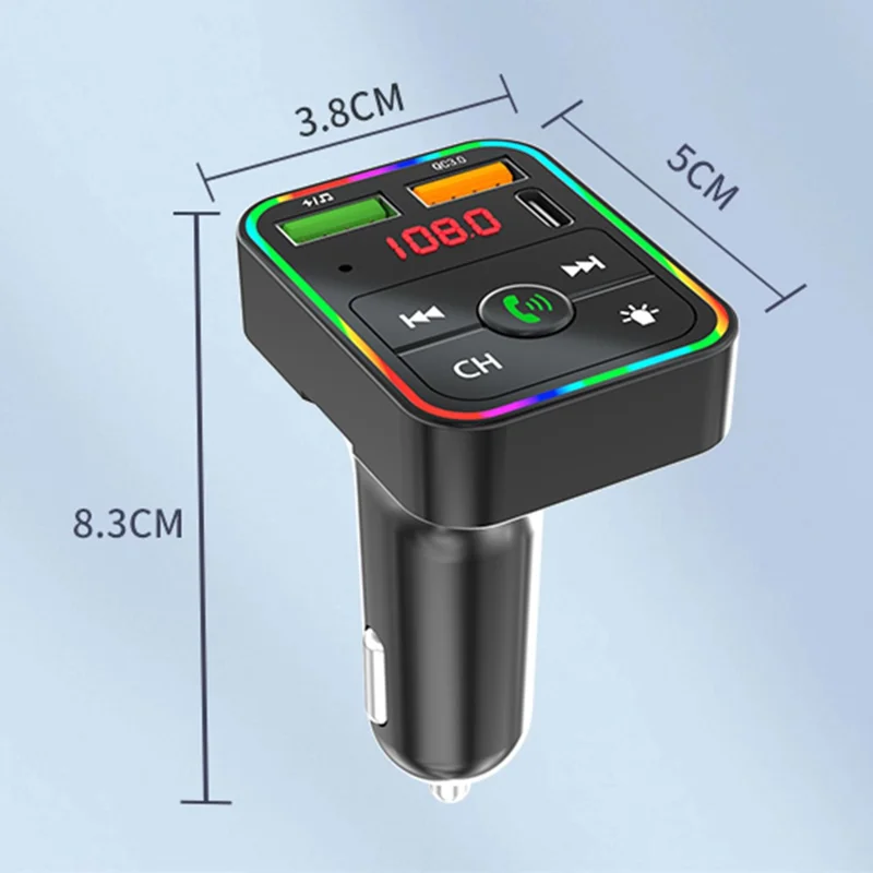 PDF2 USB A + Typ C Kfz-Schnellladegerät FM-Sender Bluetooth-kompatibles Freisprechtelefon MP3-Player mit Ambiente-Beleuchtung