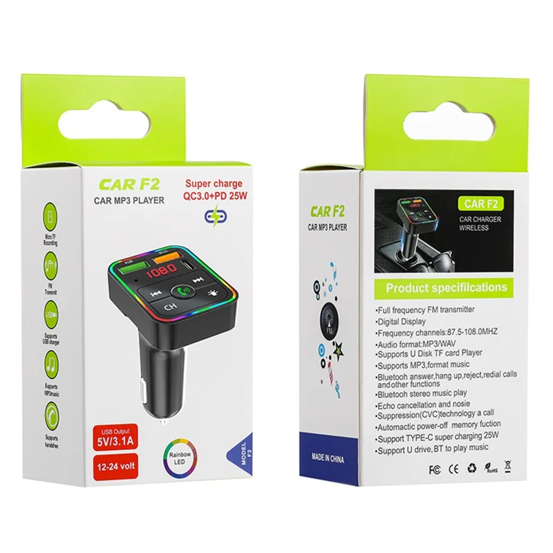 PDF2 USB A + Typ C Kfz-Schnellladegerät FM-Sender Bluetooth-kompatibles Freisprechtelefon MP3-Player mit Ambiente-Beleuchtung