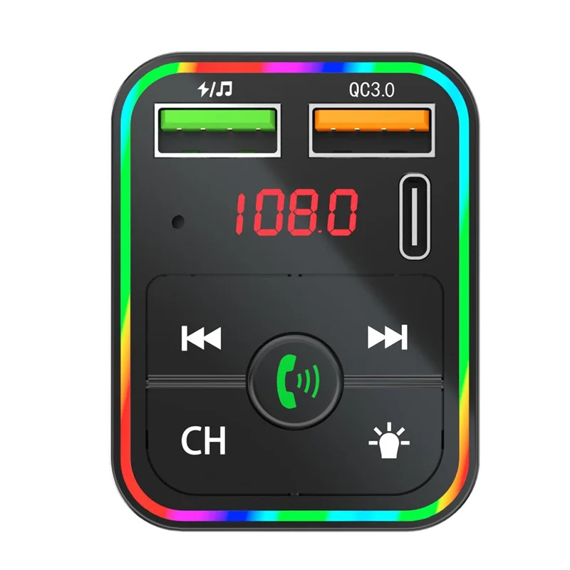 PDF2 USB A + Typ C Kfz-Schnellladegerät FM-Sender Bluetooth-kompatibles Freisprechtelefon MP3-Player mit Ambiente-Beleuchtung