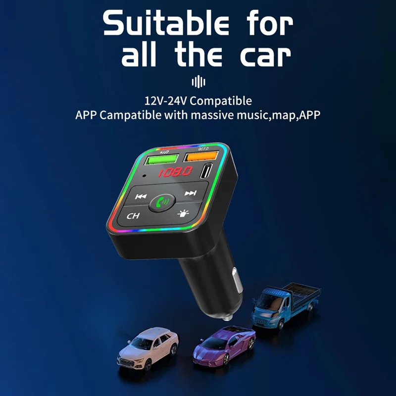 PDF2 USB A + Typ C Kfz-Schnellladegerät FM-Sender Bluetooth-kompatibles Freisprechtelefon MP3-Player mit Ambiente-Beleuchtung