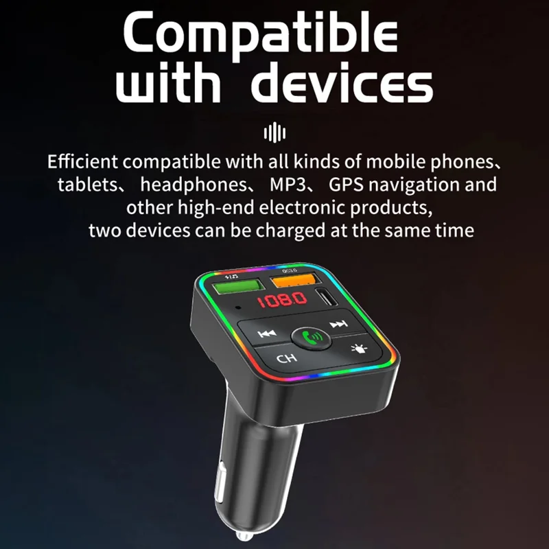 PDF2 USB A + Typ C Kfz-Schnellladegerät FM-Sender Bluetooth-kompatibles Freisprechtelefon MP3-Player mit Ambiente-Beleuchtung