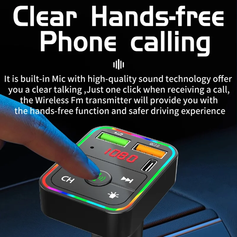 PDF2 USB A + Typ C Kfz-Schnellladegerät FM-Sender Bluetooth-kompatibles Freisprechtelefon MP3-Player mit Ambiente-Beleuchtung