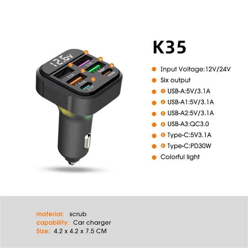 K35 Car Charger 3.1A QC3.0 Fast Charging Adapter Cigarette Lighter Charger USB Ports