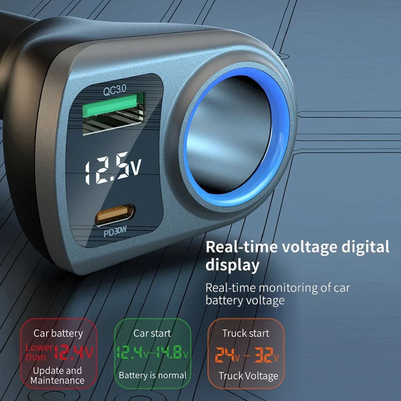 K29 Car Charger Adapter Fast Charging Digital Display 3 in 1 Cigarette Lighter Socket Splitter Charger