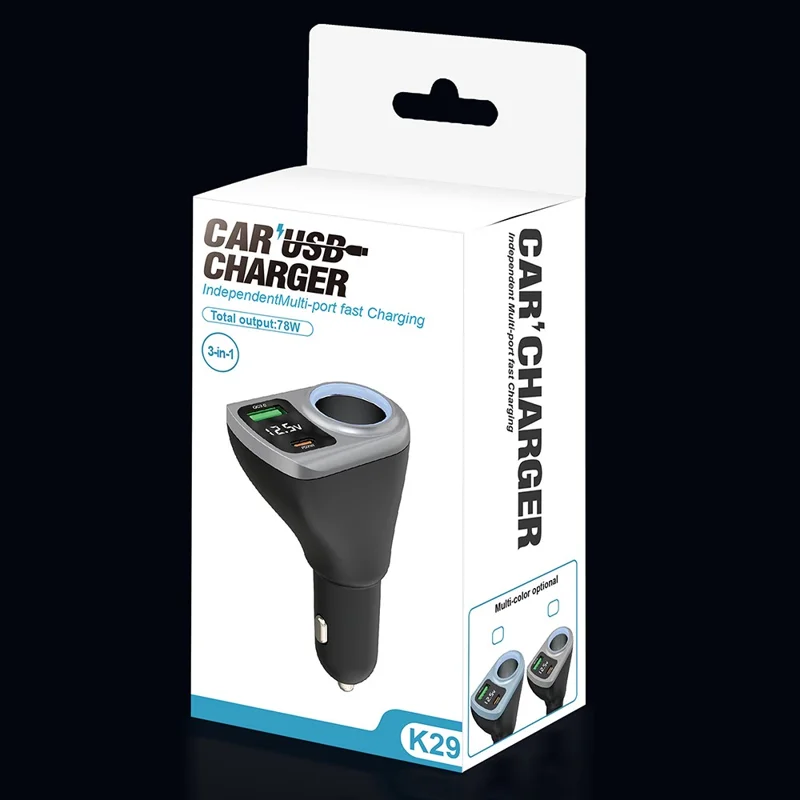 K29 Car Charger Adapter Fast Charging Digital Display 3 in 1 Cigarette Lighter Socket Splitter Charger