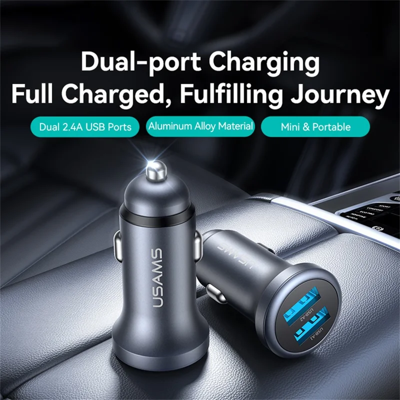 USAMS CC320 Car Charger Dual USB 2.4A Aluminum Alloy Mini Cigarette Lighter Charger for Vehicle