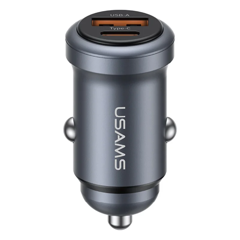 USAMS CC322 30W Car Charger USB-A + USB-C Aluminum Alloy Fast Charging Cigarette Lighter Charger for Vehicle