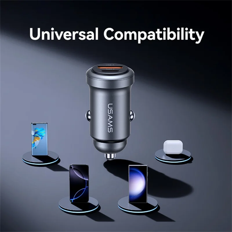 USAMS CC322 30W Car Charger USB-A + USB-C Aluminum Alloy Fast Charging Cigarette Lighter Charger for Vehicle