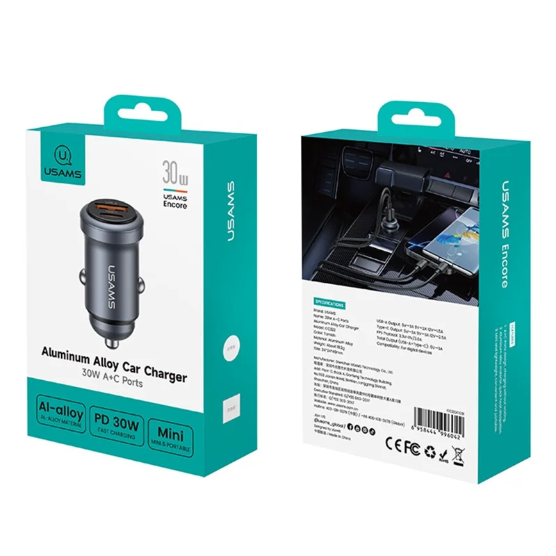 USAMS CC322 30W Car Charger USB-A + USB-C Aluminum Alloy Fast Charging Cigarette Lighter Charger for Vehicle