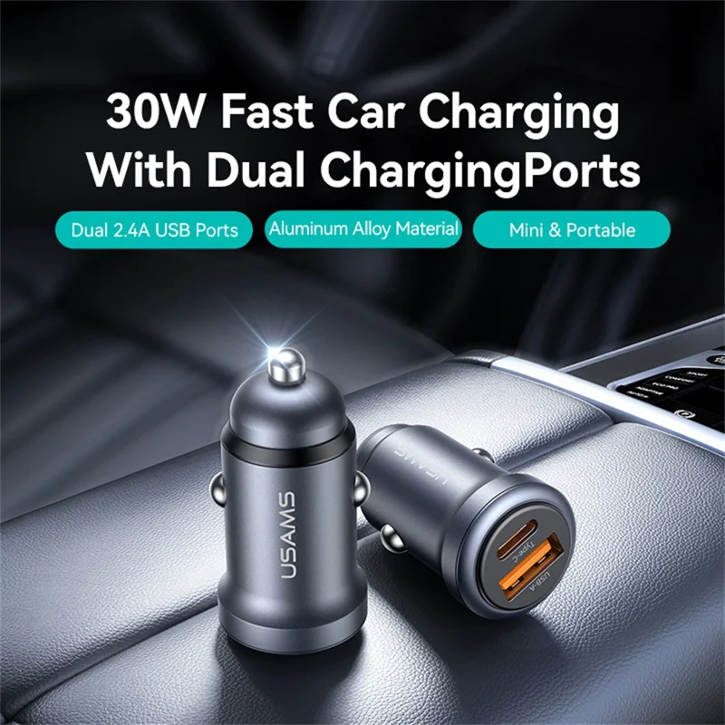 USAMS CC322 30W Car Charger USB-A + USB-C Aluminum Alloy Fast Charging Cigarette Lighter Charger for Vehicle