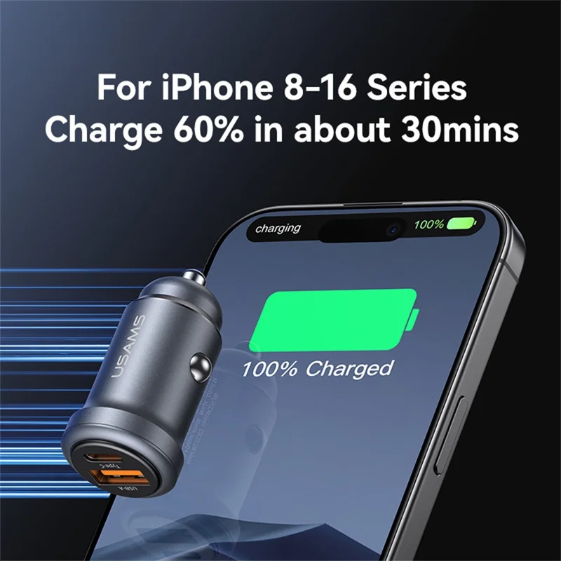 USAMS CC322 30W Car Charger USB-A + USB-C Aluminum Alloy Fast Charging Cigarette Lighter Charger for Vehicle