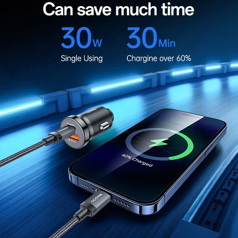 YESIDO Y73 30W Fast Car Charger Dual Port USB-A + USB-C with Type-C to iP Cable