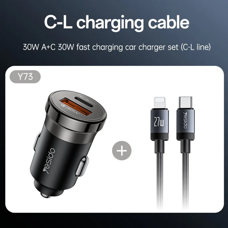 YESIDO Y73 30W Fast Car Charger Dual Port USB-A + USB-C with Type-C to iP Cable