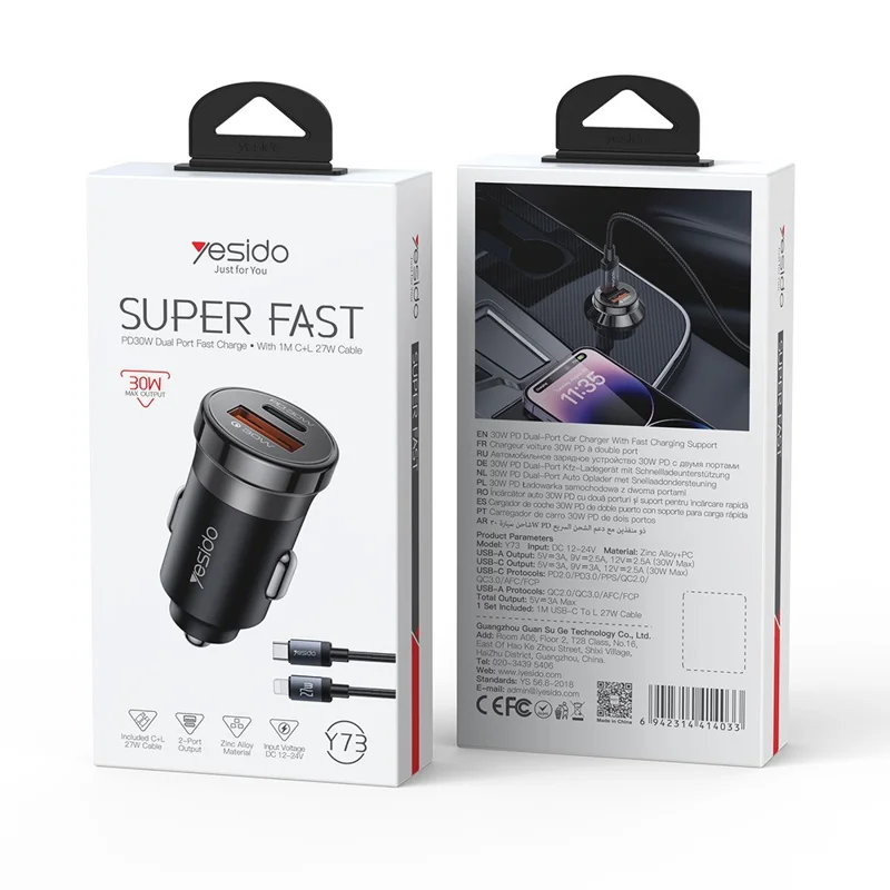 YESIDO Y73 30W Fast Car Charger Dual Port USB-A + USB-C with Type-C to iP Cable