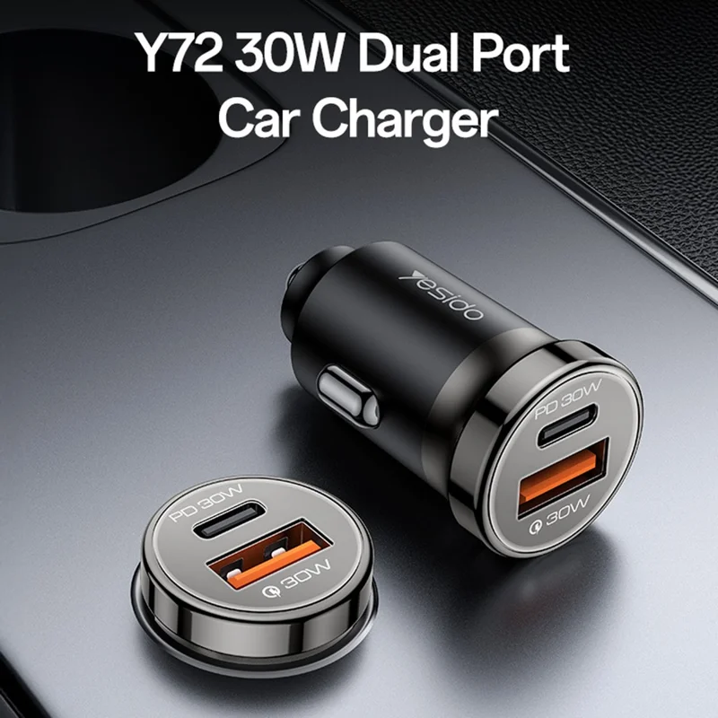 YESIDO Y72 30W Fast Car Charger Dual Port USB-A + USB-C with Type-C to Type-C Cable
