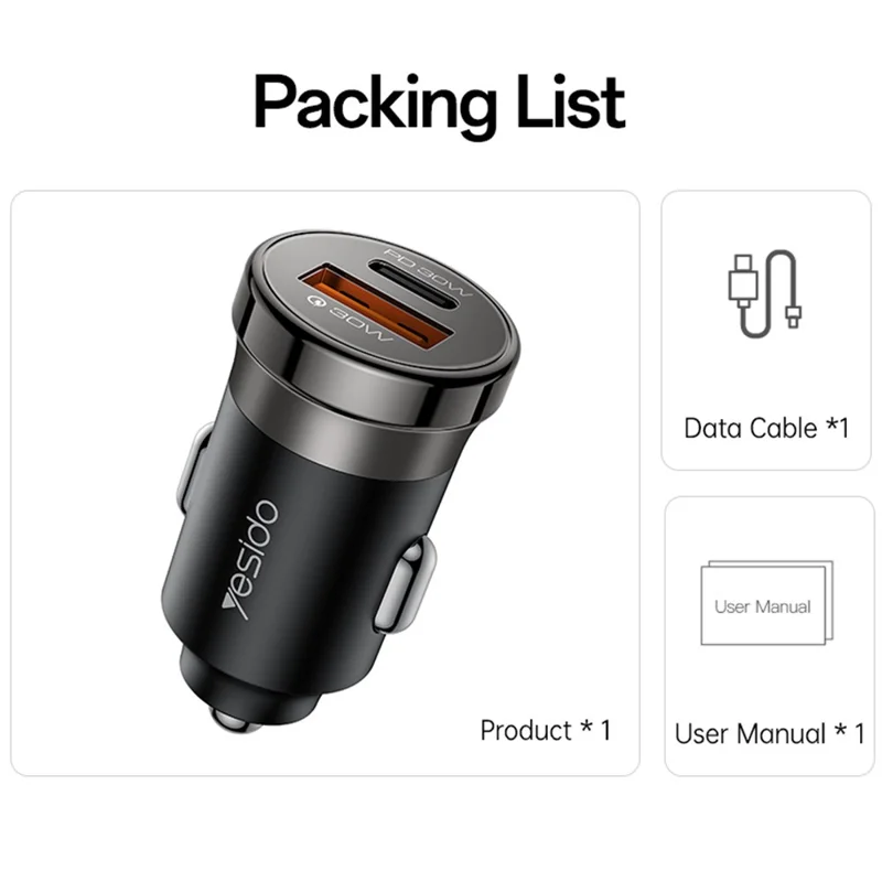 YESIDO Y72 30W Fast Car Charger Dual Port USB-A + USB-C with Type-C to Type-C Cable