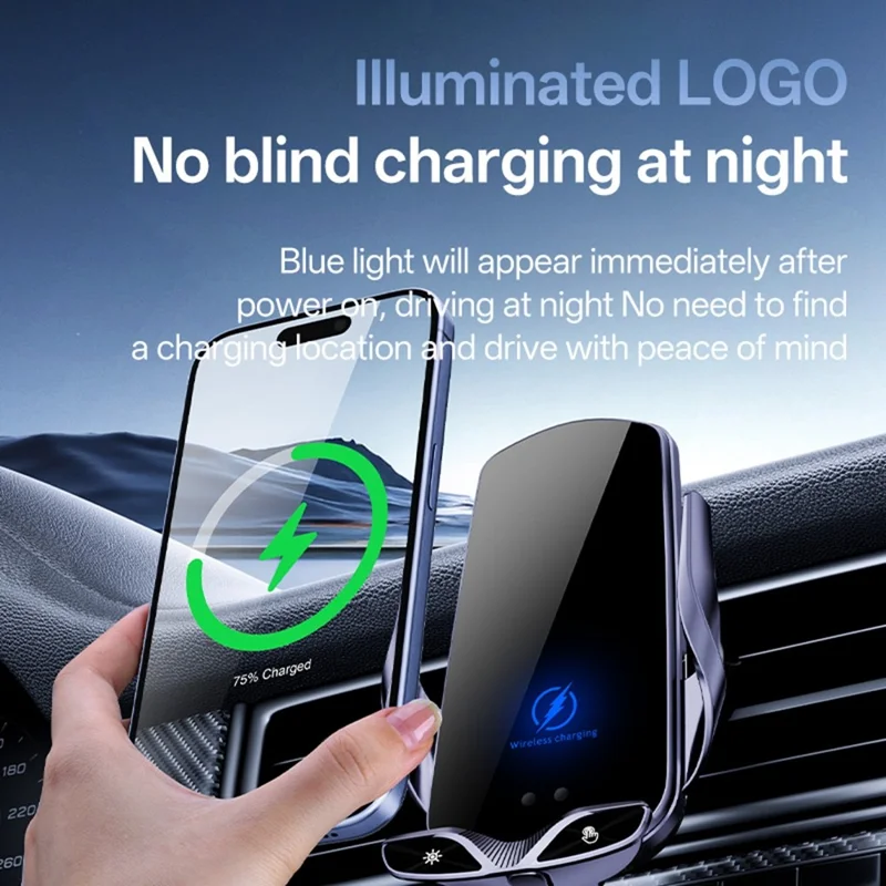SD30 15W Car Wireless Charging Phone Holder 360° Rotation Smart Infrared Auto-Clamping Navigation Mount - Black