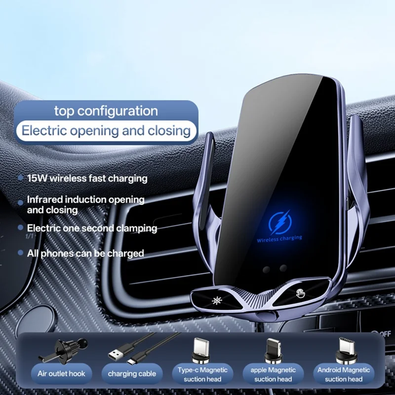 SD30 15W Car Wireless Charging Phone Holder 360° Rotation Smart Infrared Auto-Clamping Navigation Mount - Black